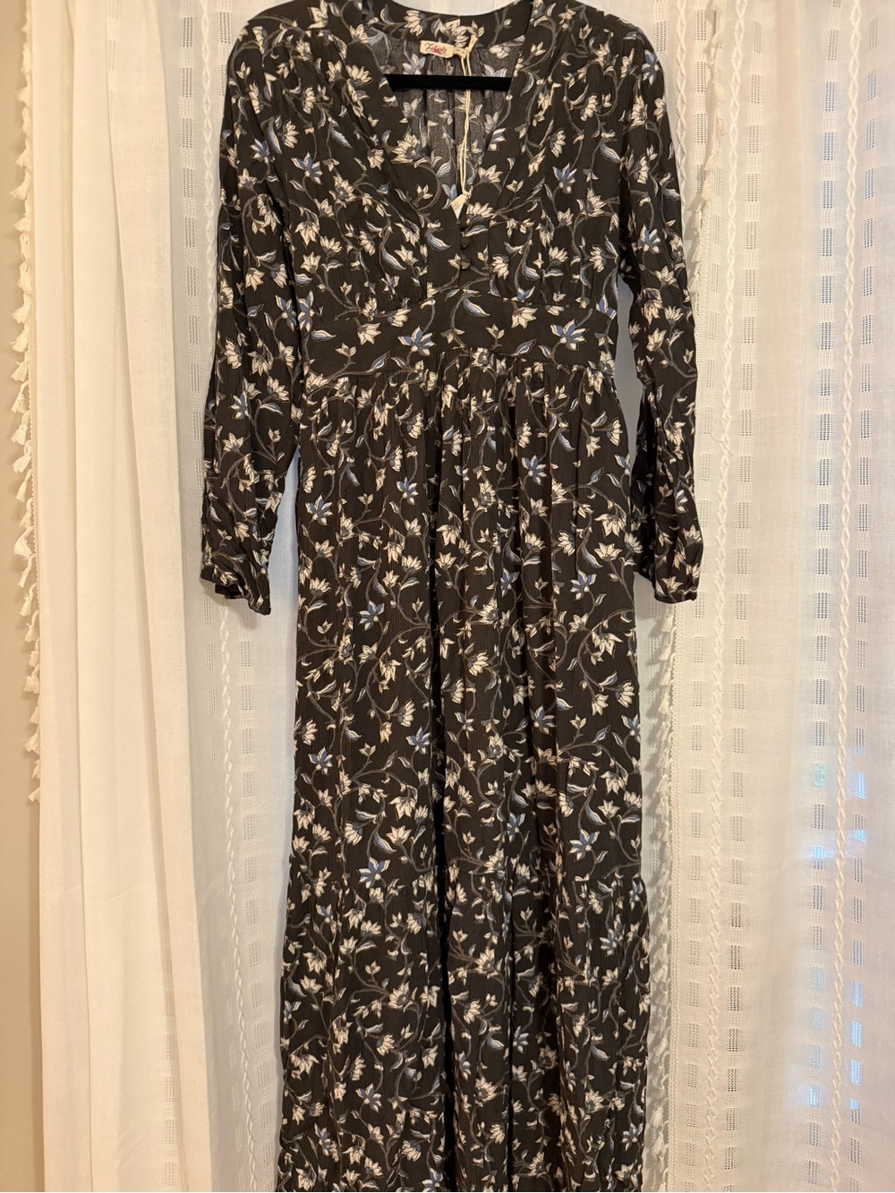 NWT Faherty Black Floral Maxi Peasant Dress Long Sleeved XS
